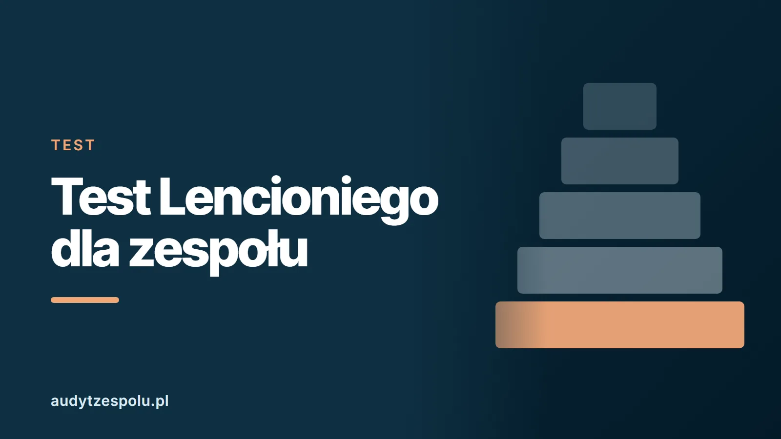 Grafika tytułowa: test lencioniego. Hasło „Test Lencioniego dla zespołu” na ciemnym tle w barwach audytzespolu.pl, z piramidą bloków